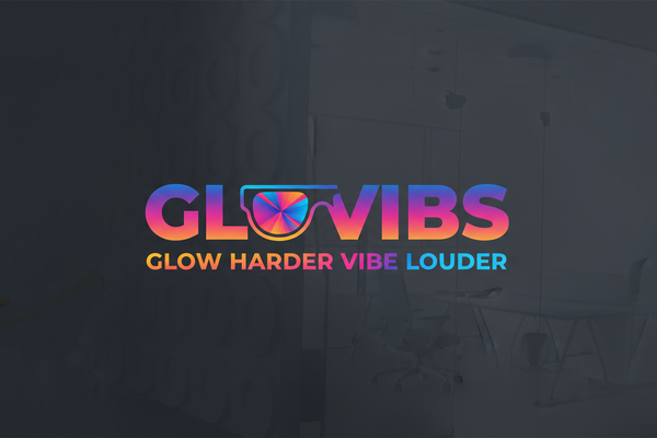 Logo Glovibs saying Glow Harder Vibe Louder
